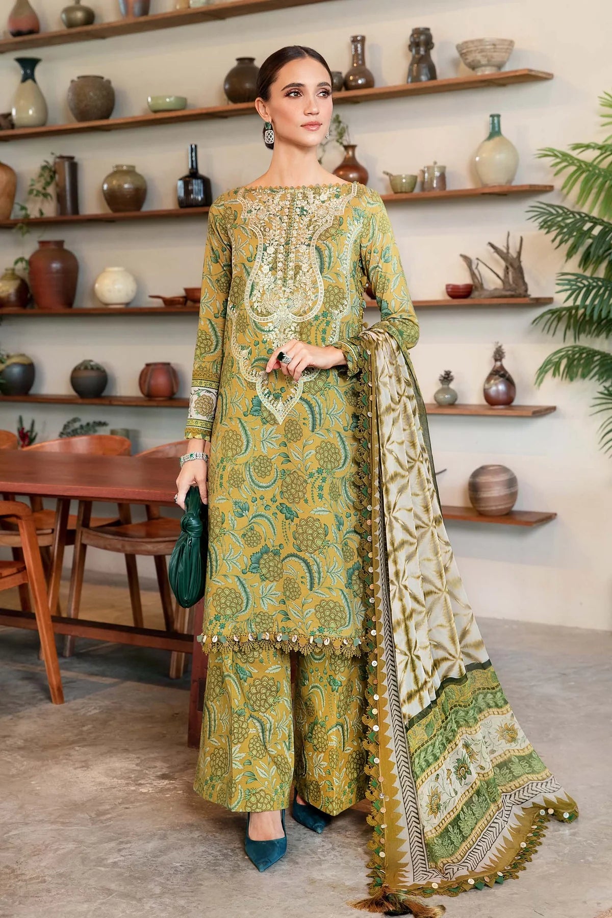 slim fit dress slacks Maria B BD-2906 Olive Green Pakistani Indian Wedding Bridal Dresses USA UK Mehndi Nikkah Outfits Xs / 4.10 ft main image 0