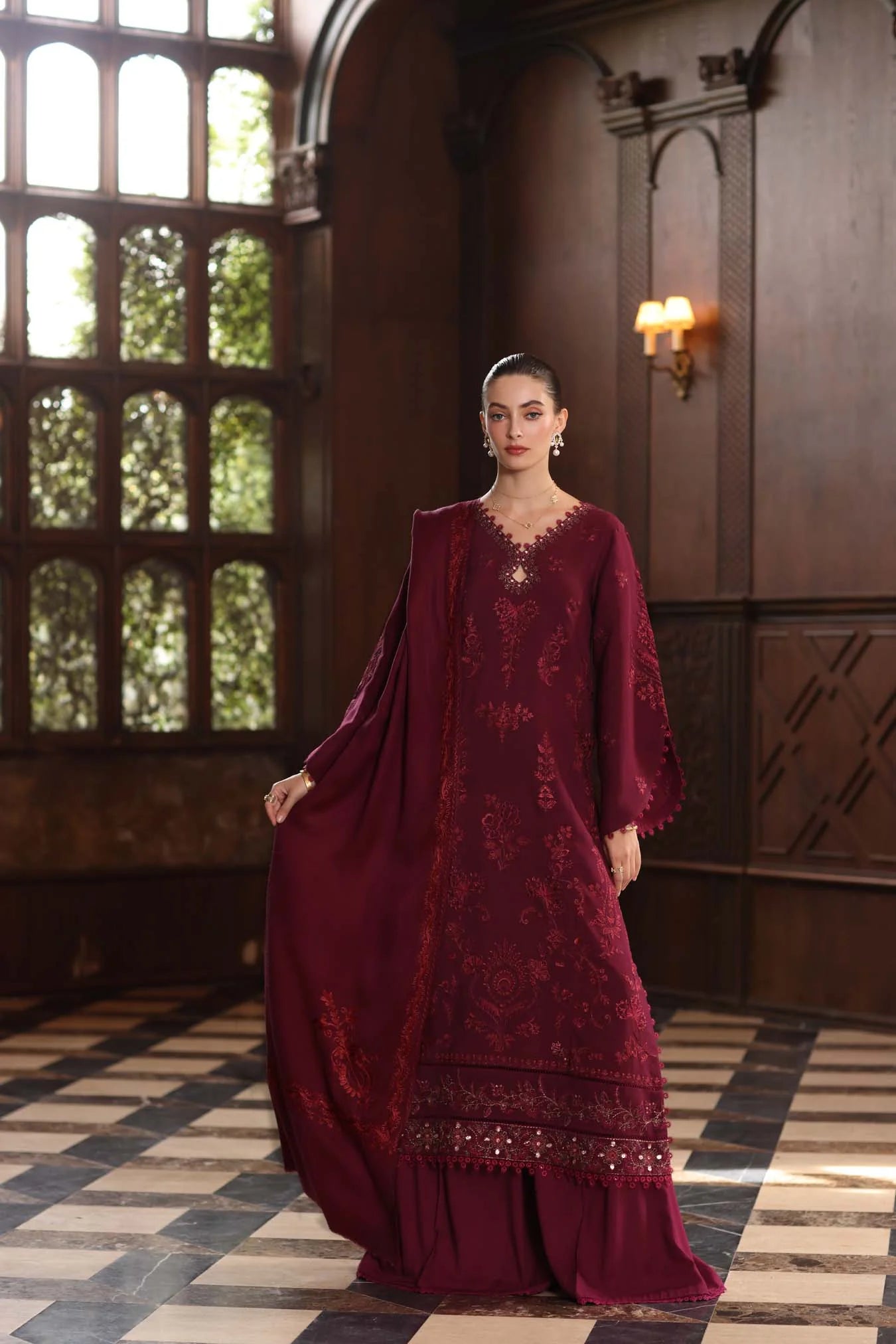 Royal Scarlet  | Noor By Saadia Asad  | Pashmina Shawl Collection 2025