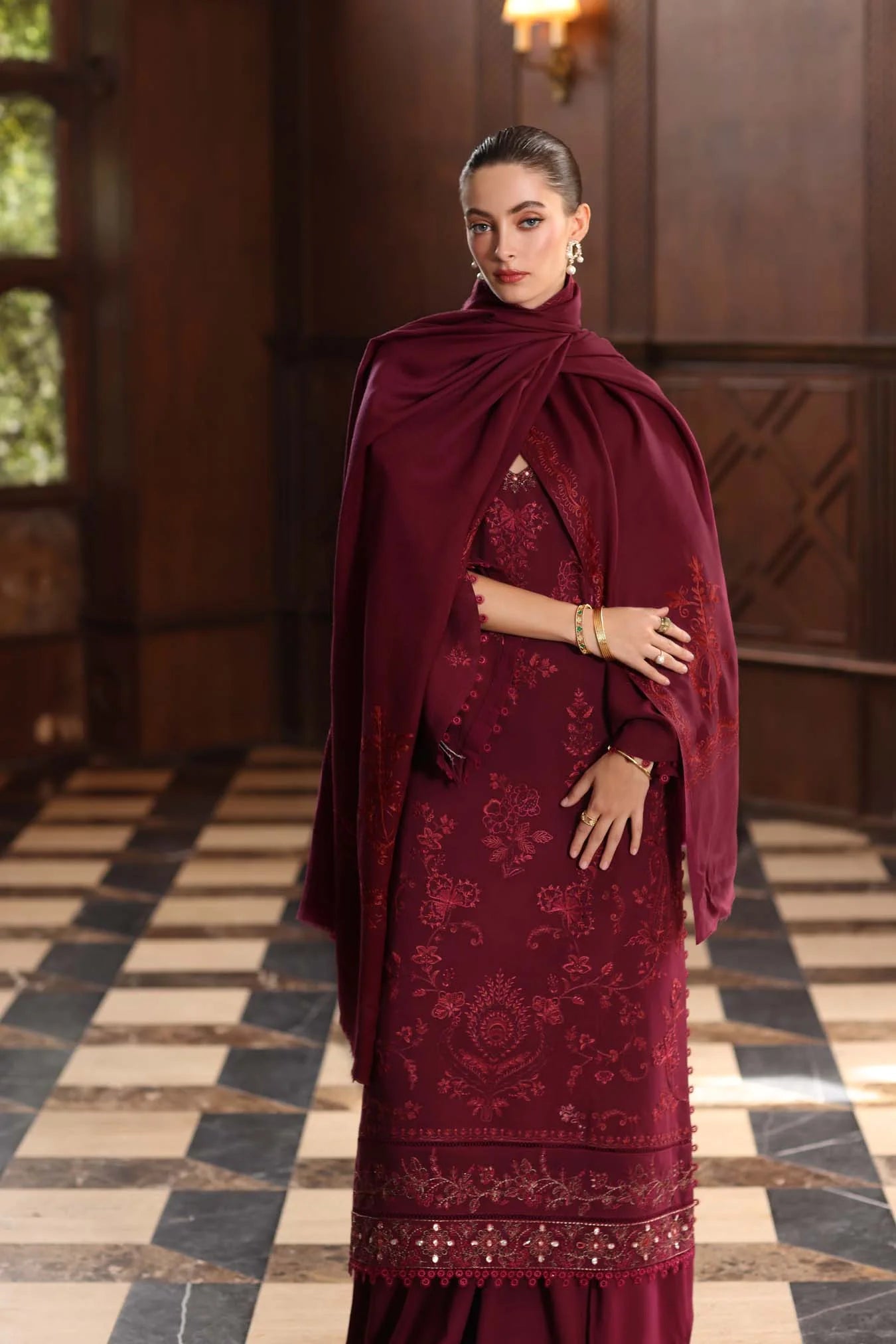 Royal Scarlet  | Noor By Saadia Asad  | Pashmina Shawl Collection 2025