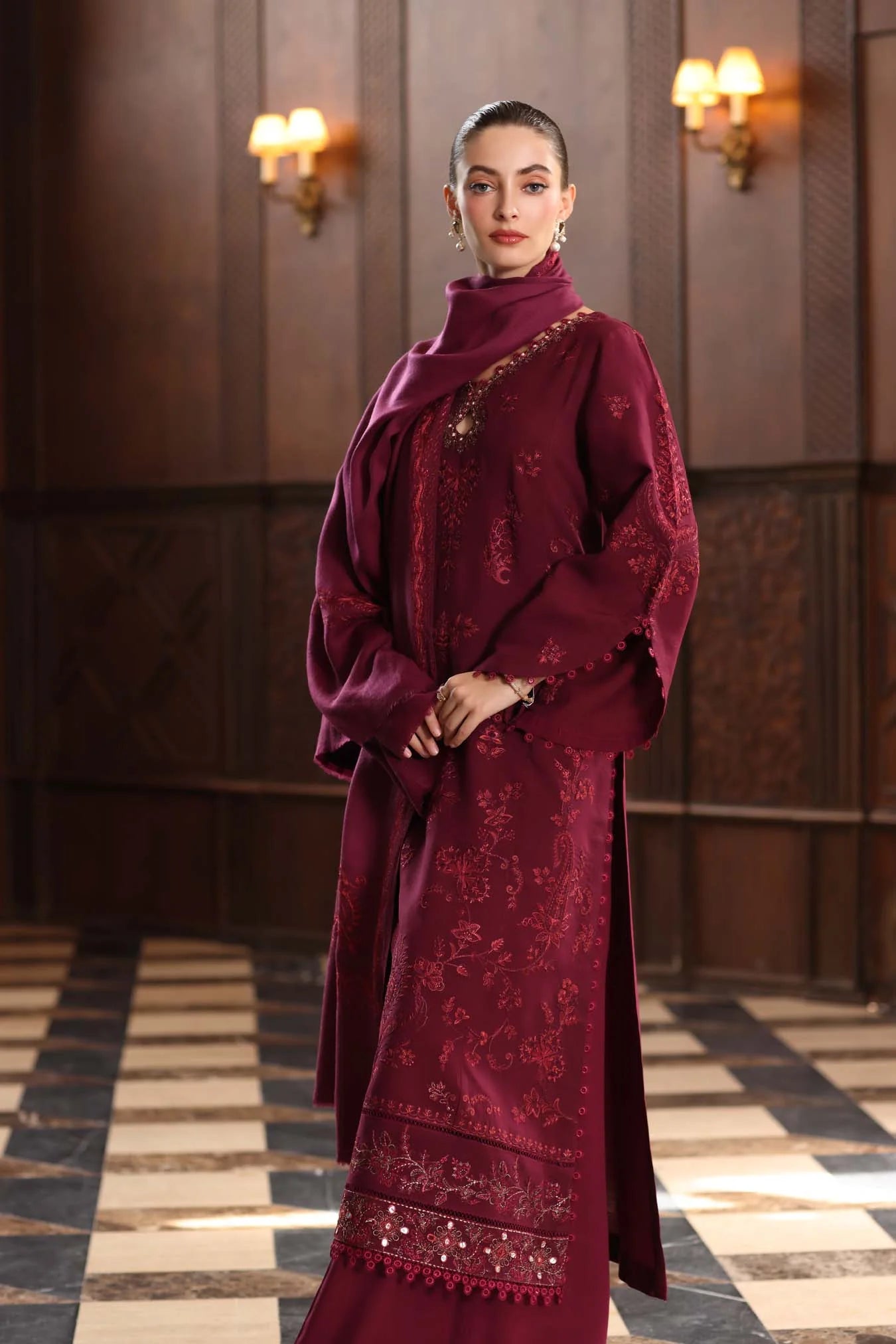 Royal Scarlet  | Noor By Saadia Asad  | Pashmina Shawl Collection 2025