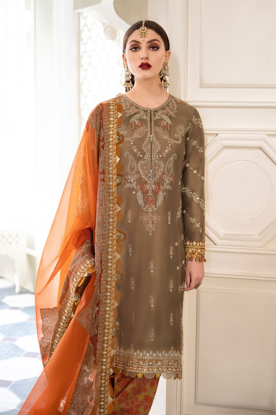 CST-603-RUST COFFEE | Maria B | Sateen Unstitched Collection 2023