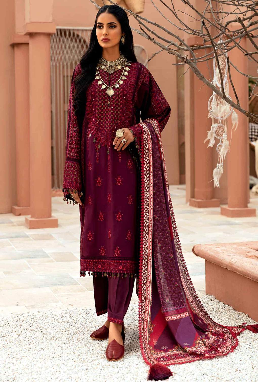 D1- Mulberry - Plum | Noor | Winter Embroidered Shawl Collection 2021