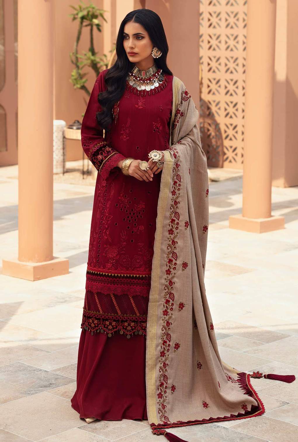 D10 - Merlot | Noor | Winter Embroidered Shawl Collection 2021