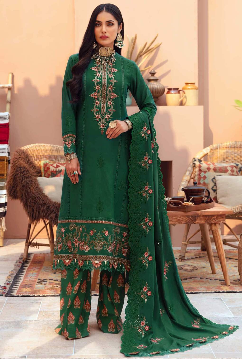 D3 - Basil - Green | Noor | Winter Embroidered Shawl Collection 2021