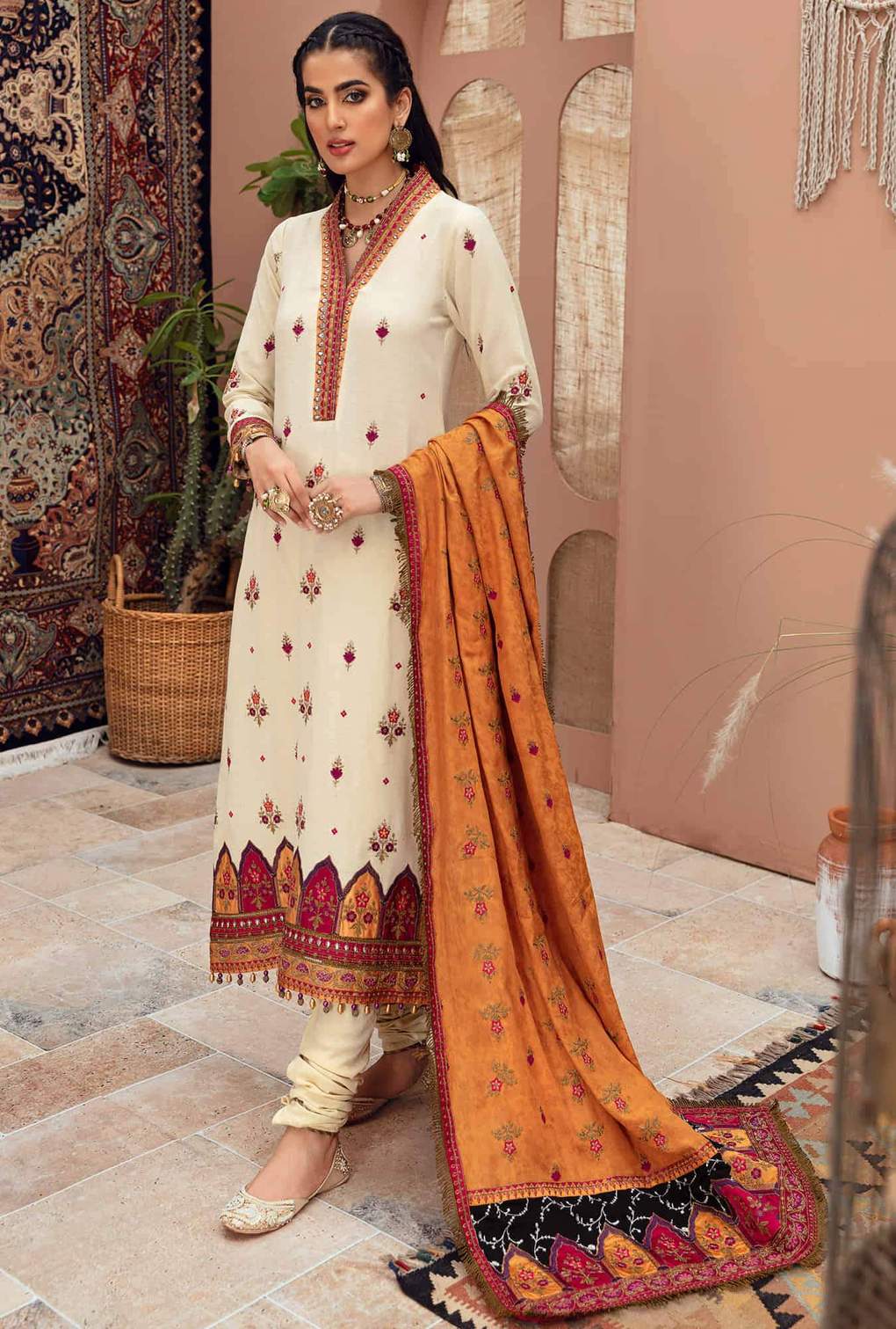 D6 - Ecru - Cream | Noor | Winter Embroidered Shawl Collection 2021