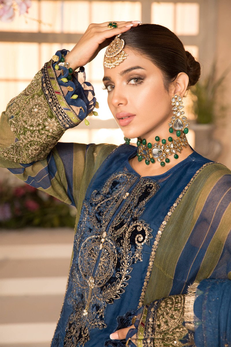 Blue Olive green with deep Coral Pink (BD-2104) | Maria B Mbroidered Collection 2021