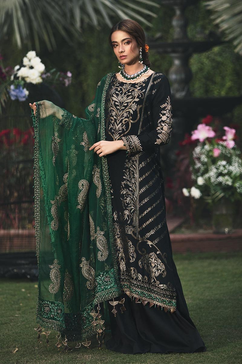 CST-203-Emerald Green and Black | MARIA B | Unstitched Sateen Collection