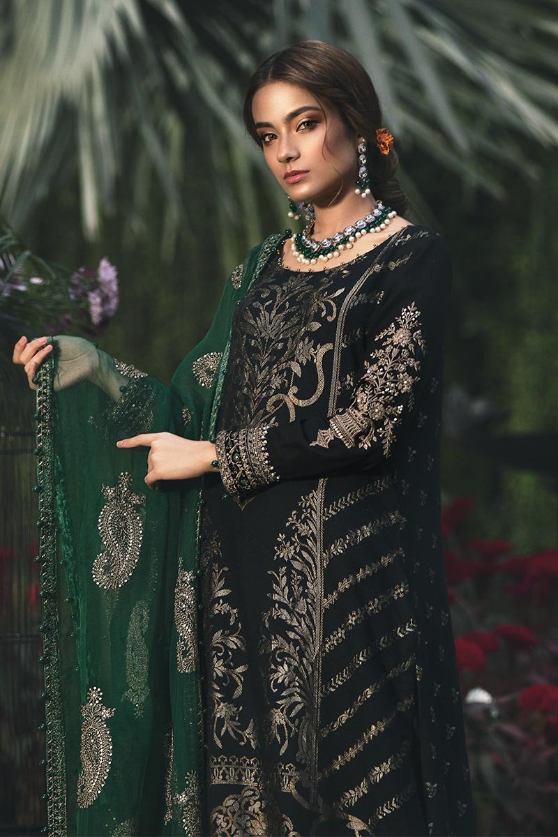 CST-203-Emerald Green and Black | MARIA B | Unstitched Sateen Collection