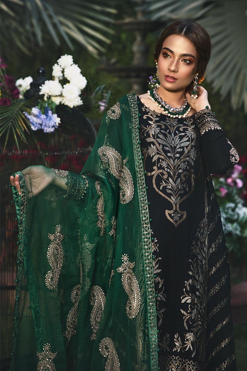 CST-203-Emerald Green and Black | MARIA B | Unstitched Sateen Collection