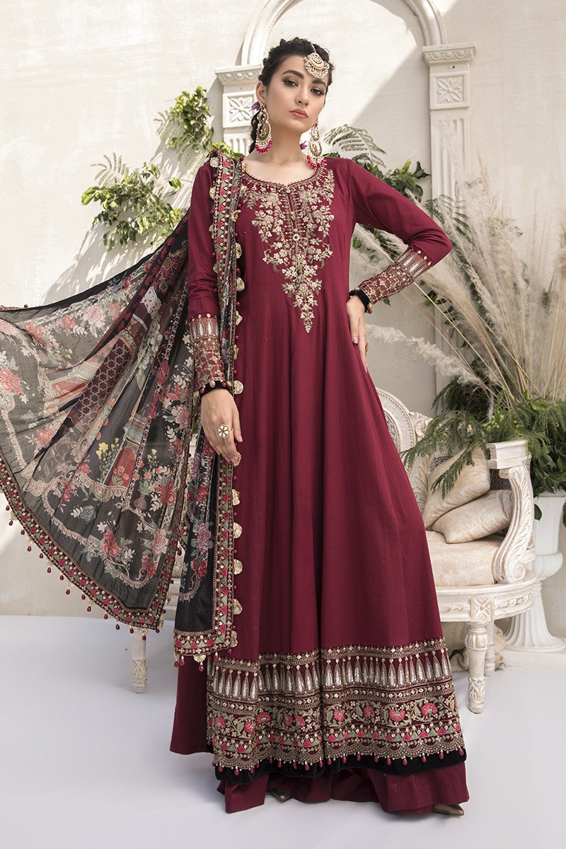 CST-378-Maroon | Maria B. | Sateen | Unstitched | Fall Collection'20