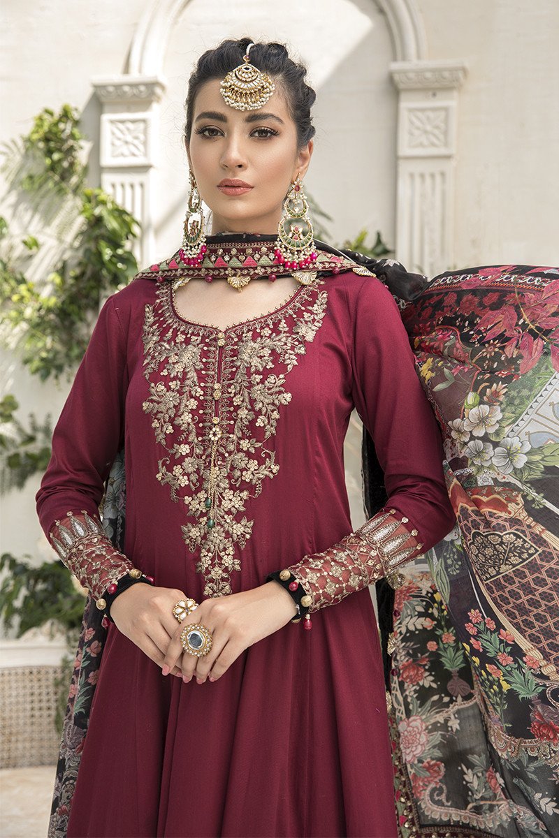 CST-307-Maroon | Maria B. | Sateen | Unstitched | Fall Collection'20