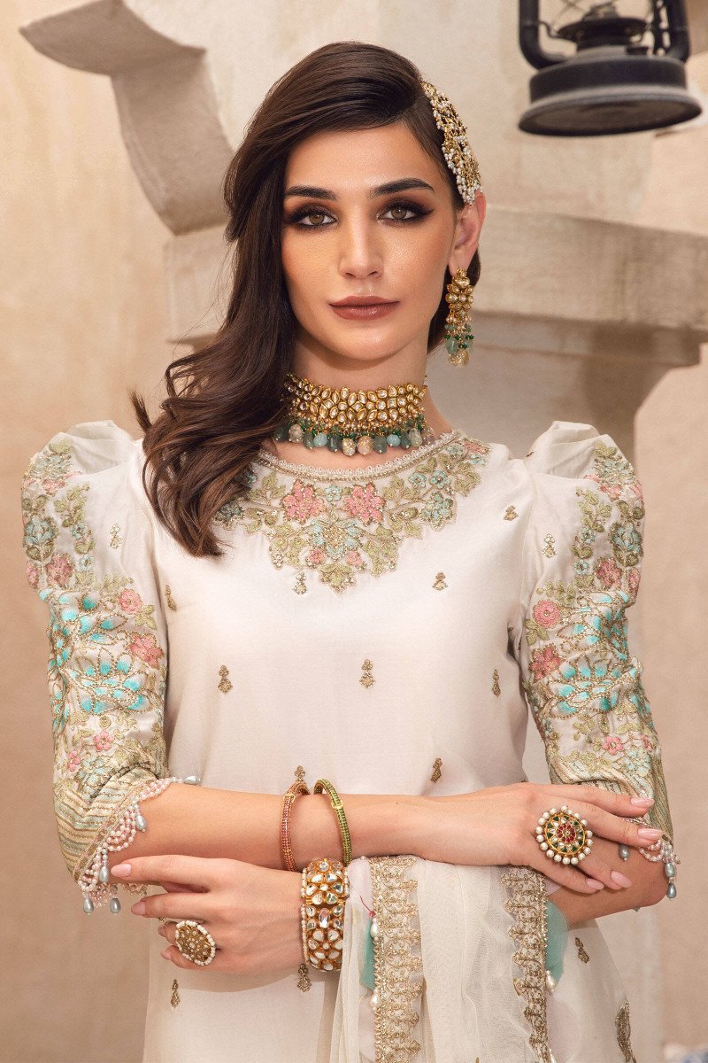 CST-508-Ivory and Gold | Maria B | Sateen | Unstitched Collection 2022