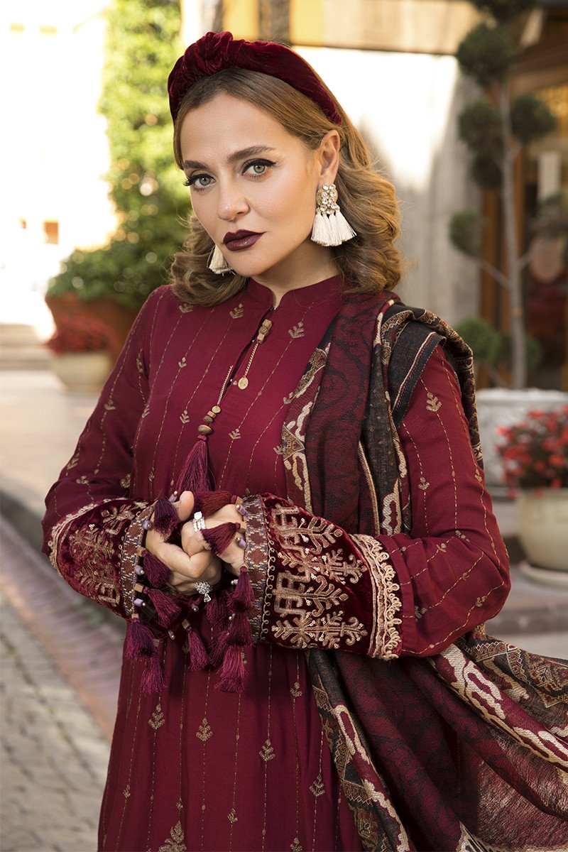 DL-807-Maroon and Beige | Maria.B | Unstitched Linen | Winter/Fall 2020