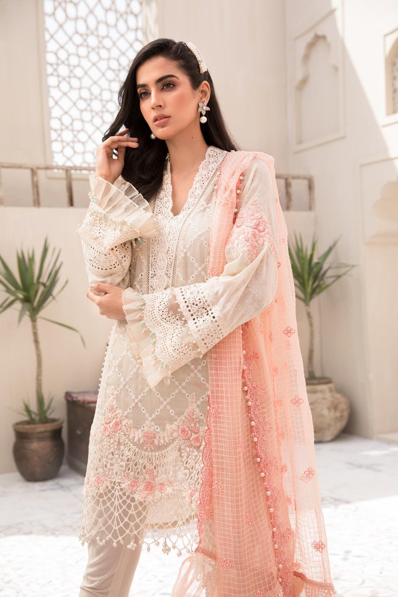 EL-21-05- Offwhite and Peach| Maria B Eid Lawn Collection 2021