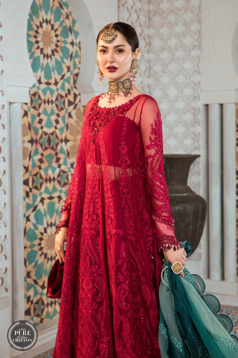 MPC-21-102-Cherry red with Shades of Teal | Maria B | Chiffon Eid Collection 2022