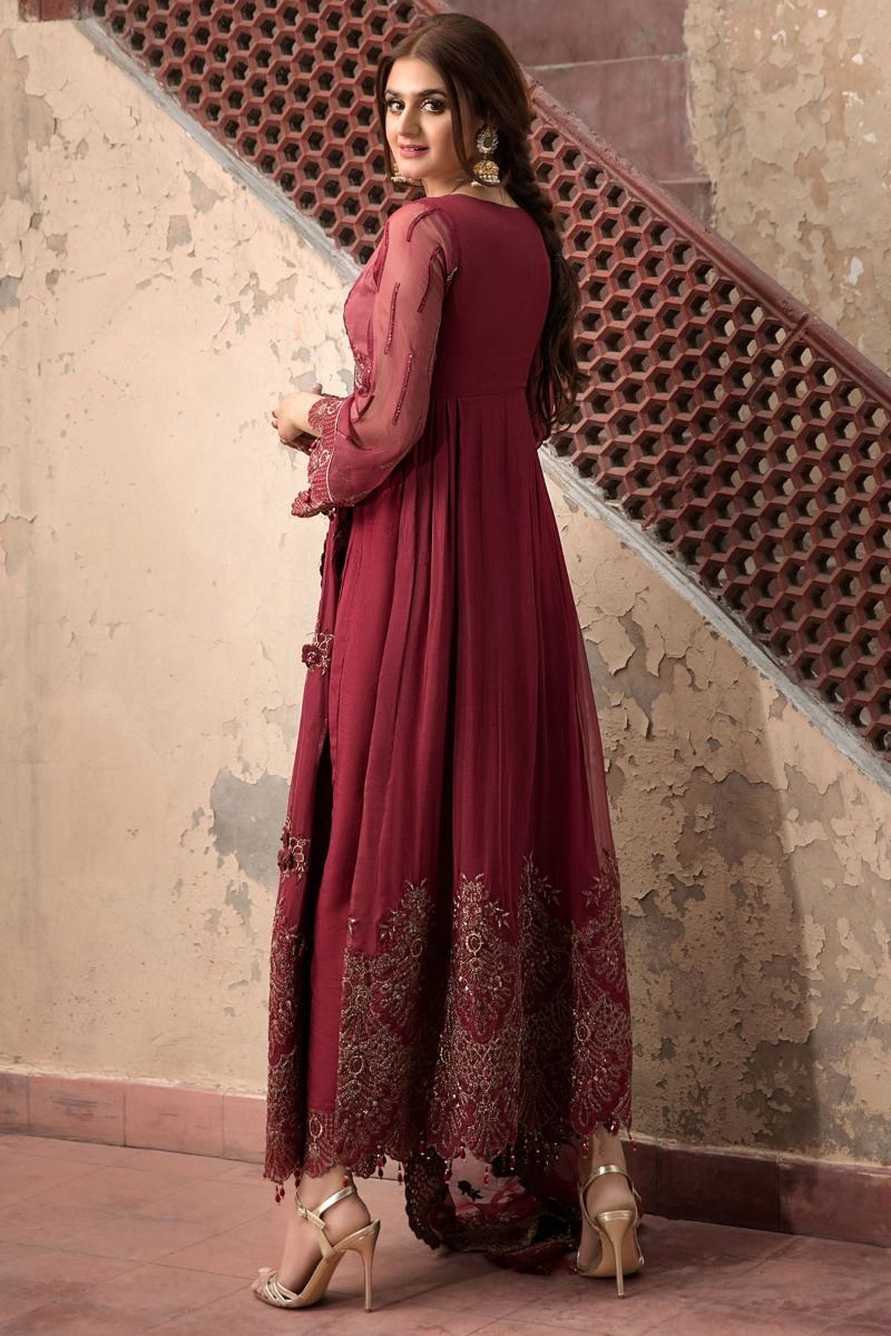 2349 Garnet Stripe | Motifz | Rang-e-Bahar | Luxury Embroidered Crinkle Chiffon'20