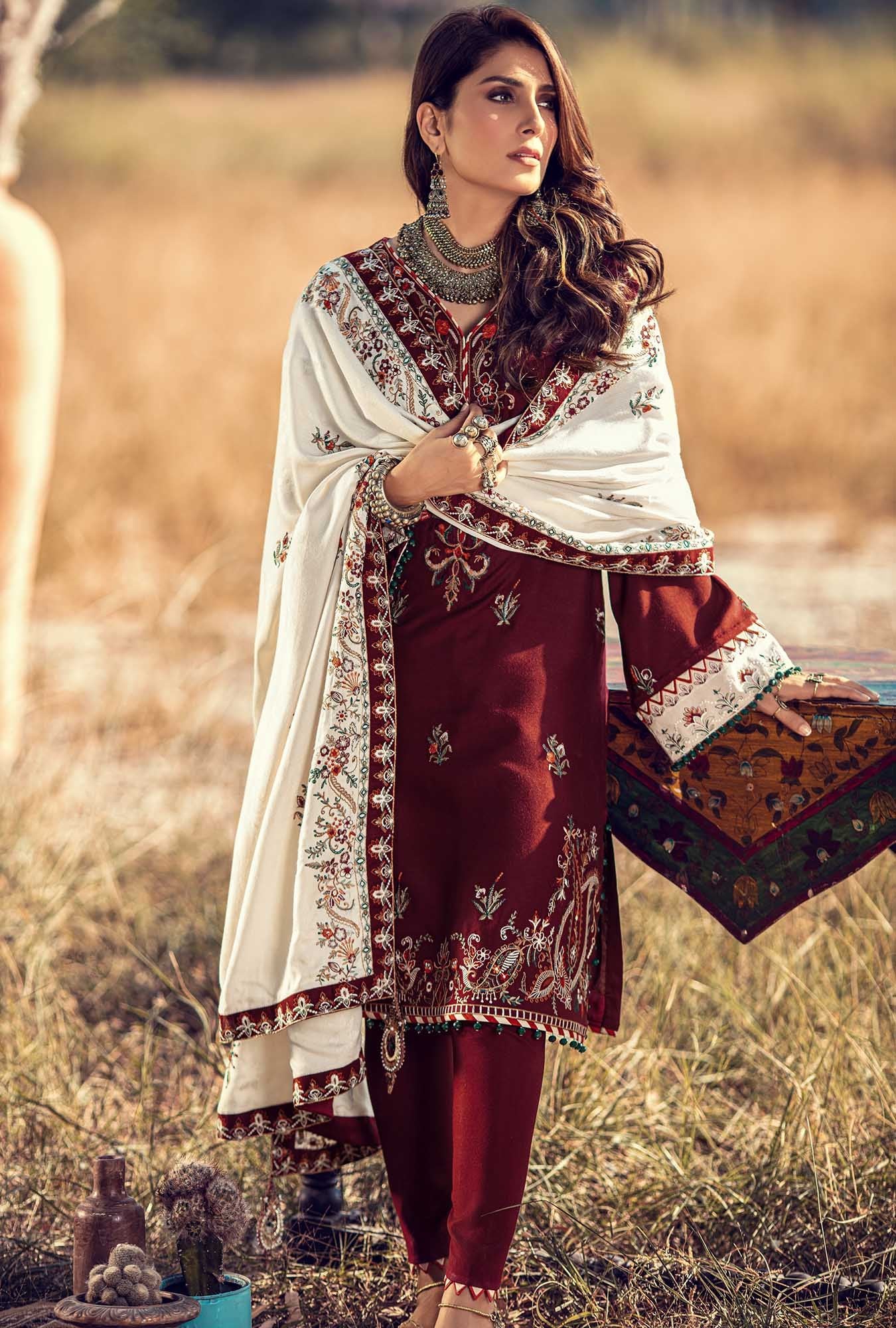 D2- Rosewood | Noor by Saadia Asad | Embroidered Shawl'20