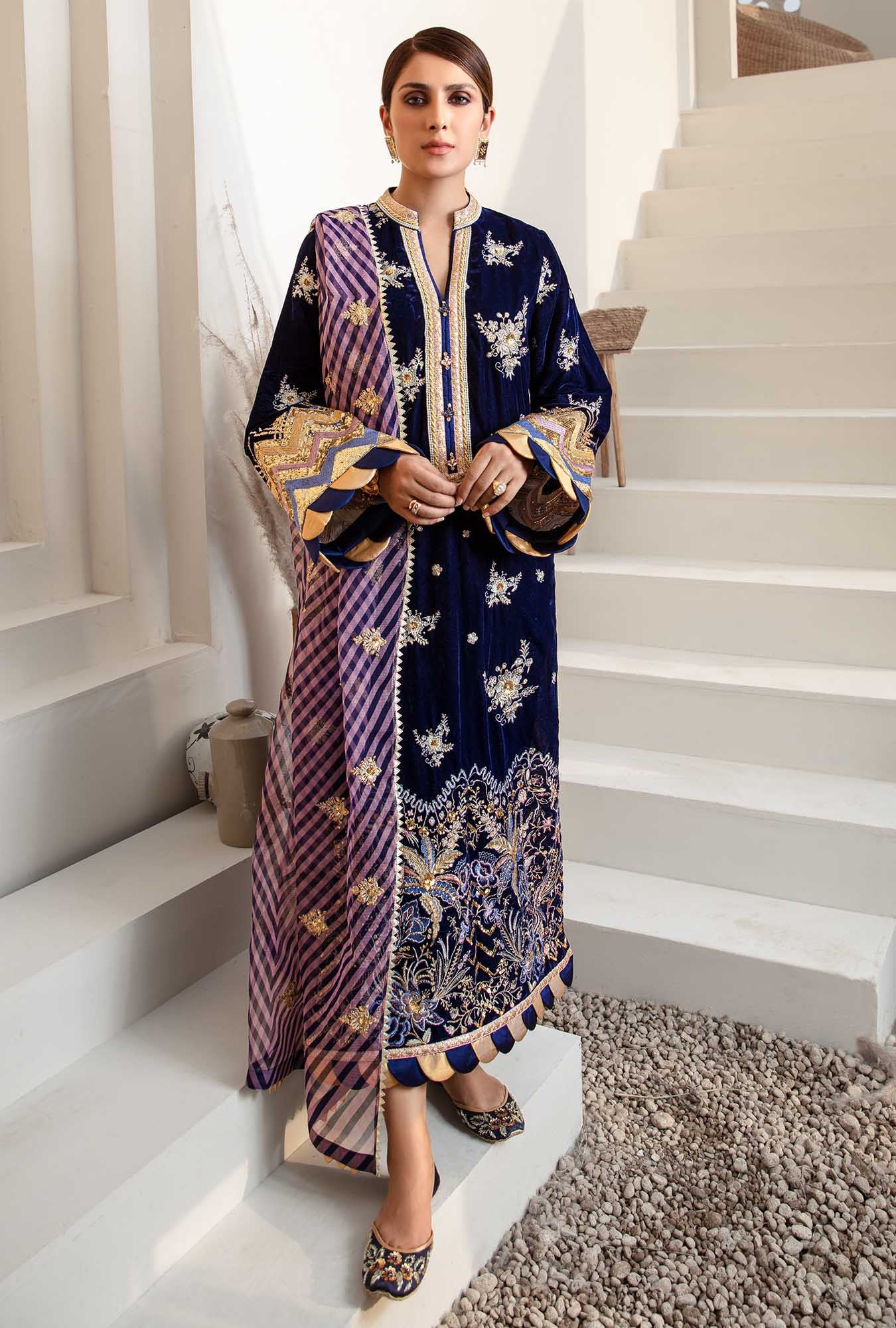 D4- Indigo-blue | Noor by Saadia Asad | Embroidered Shawl'20