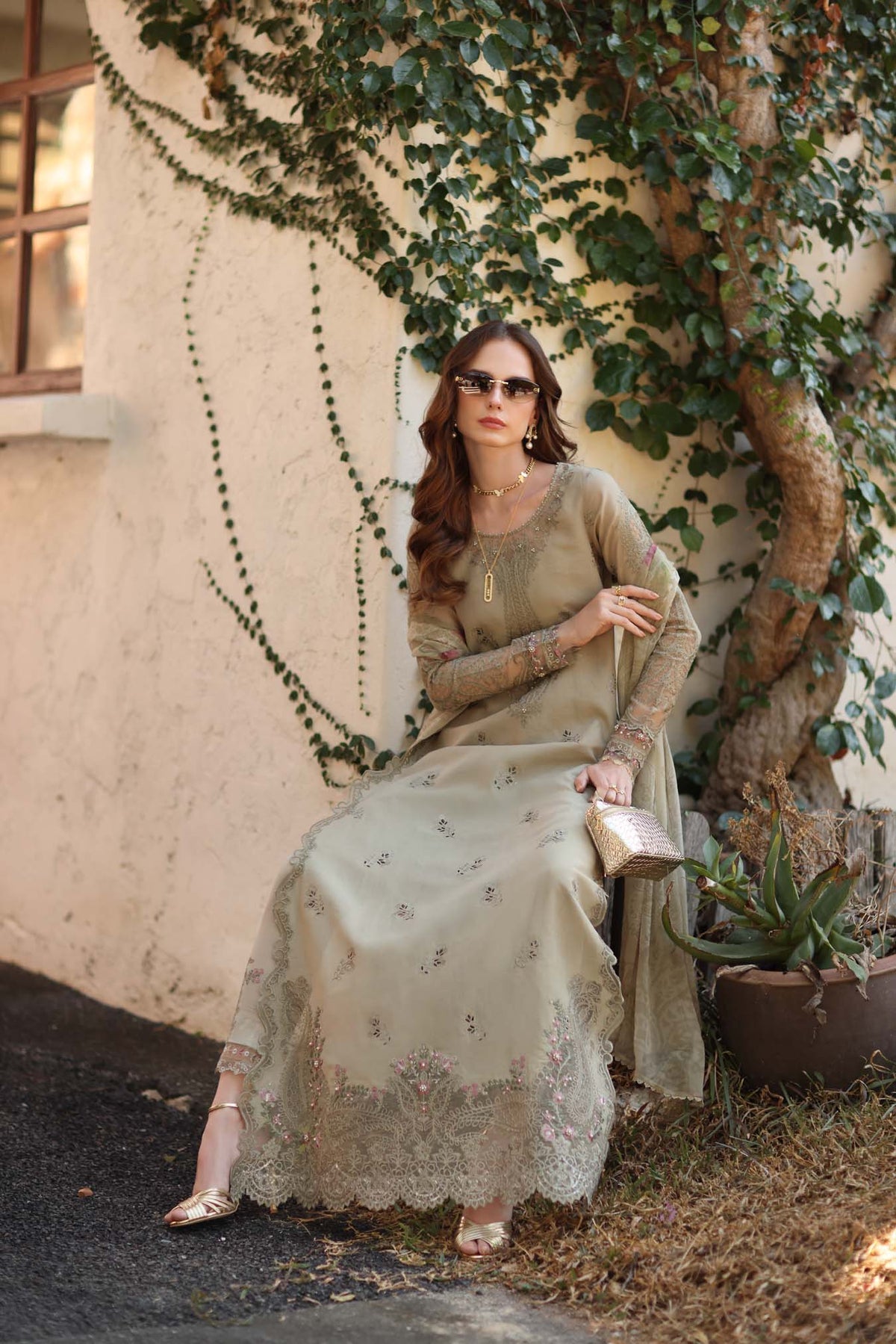 D7 - B - Warm Gold Sage | Saadia Asad | Noor Luxe Chikankari Collection 2026