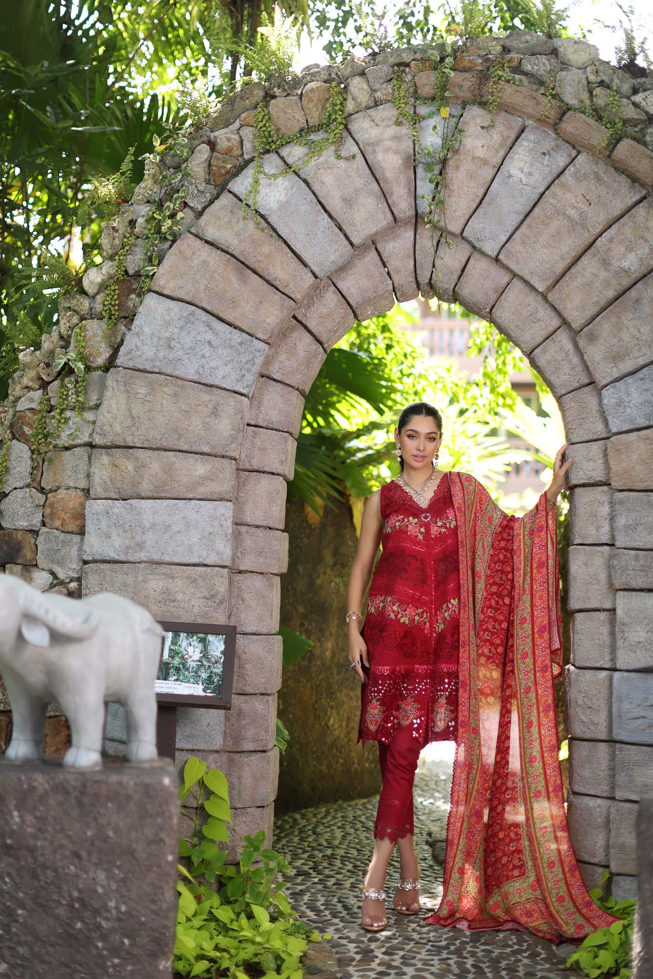 D12-A Red Chevron | Saadia Asad | Noor Luxury Chikankari Lawn 2024