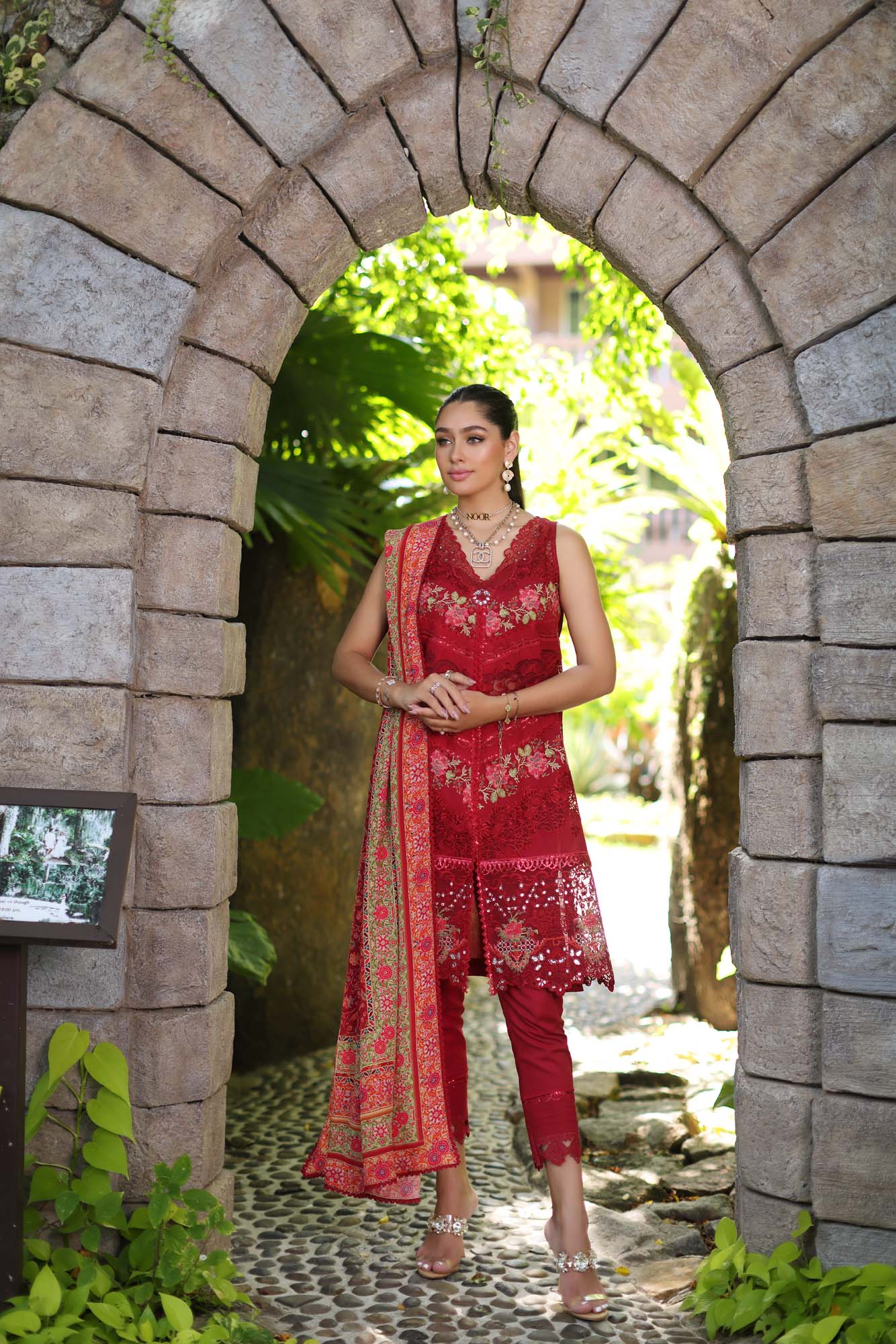 D12-A Red Chevron | Saadia Asad | Noor Luxury Chikankari Lawn 2024