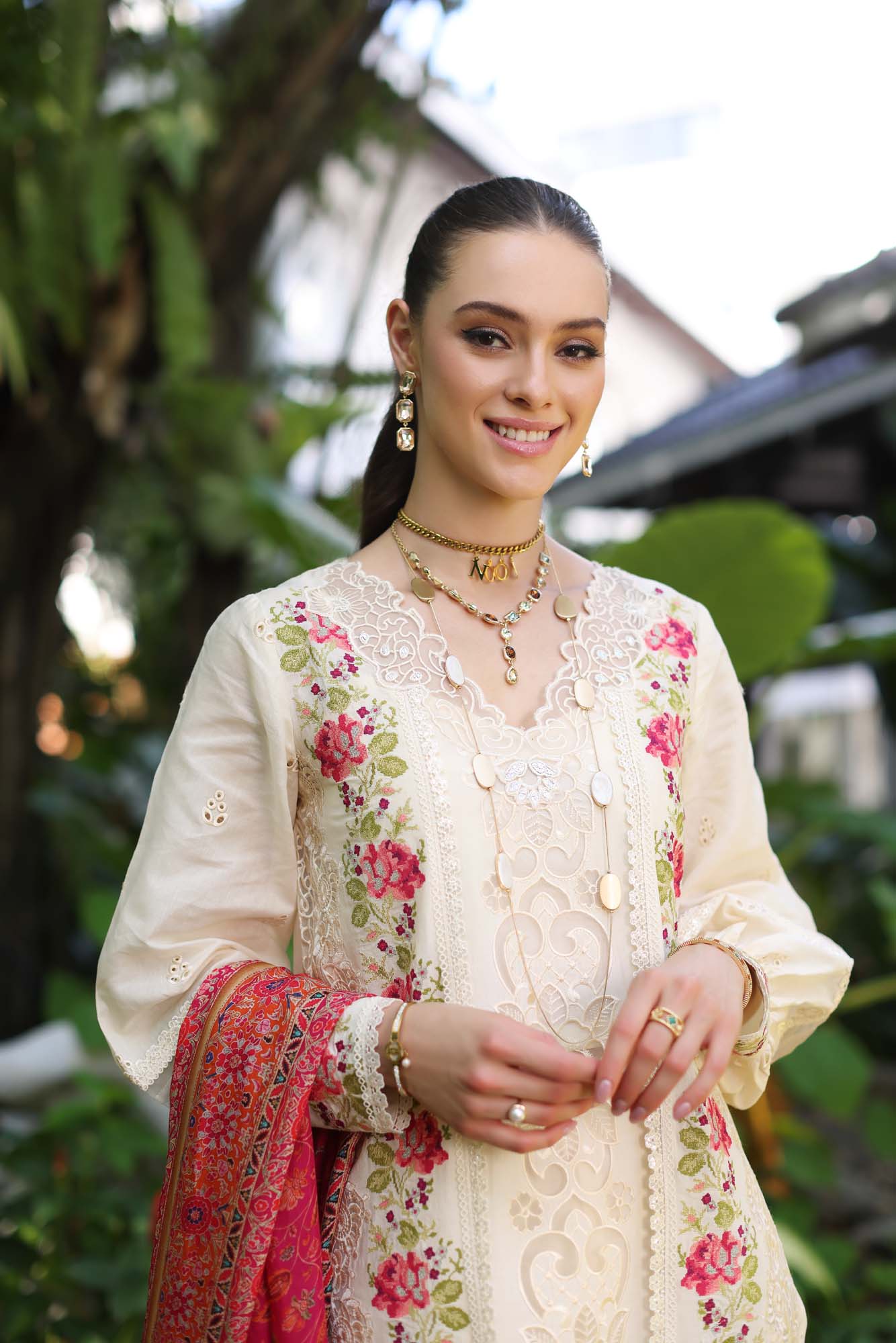 D12-B Cream Laser | Saadia Asad | Noor Luxury Chikankari Lawn 2024