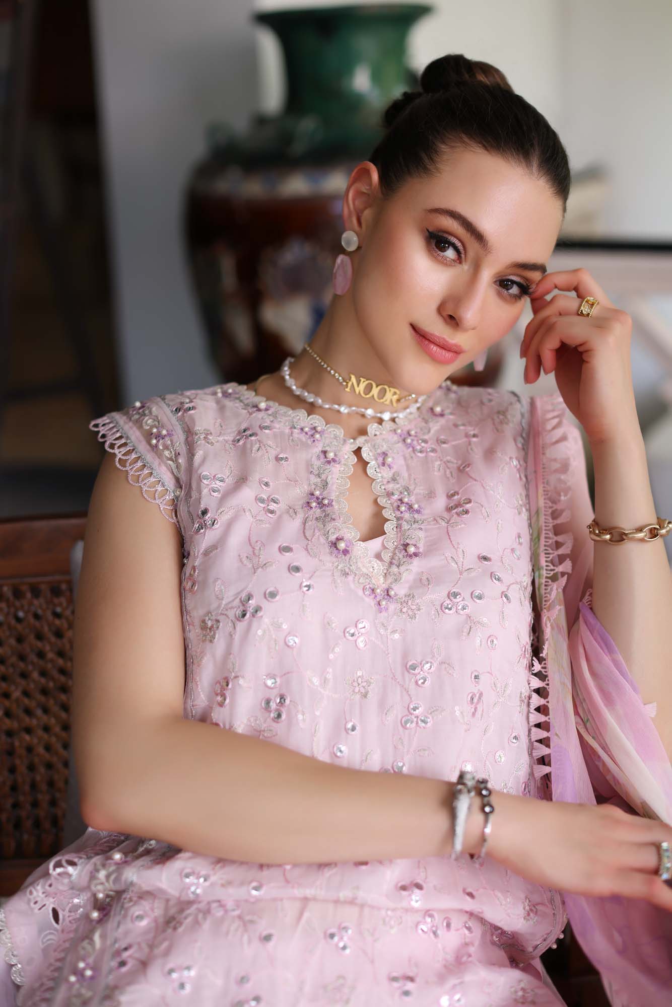 D11-A Pink Schifli | Saadia Asad | Noor Luxury Chikankari Lawn 2024