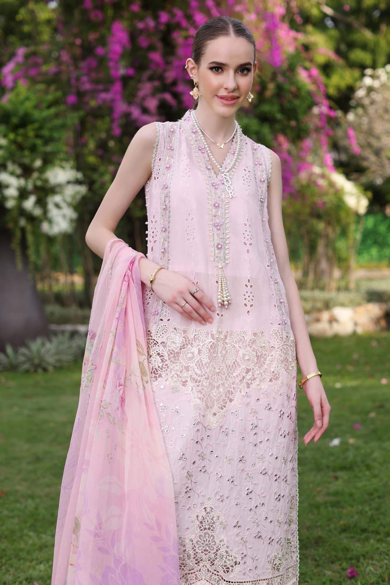 D11-A Pink Schifli | Saadia Asad | Noor Luxury Chikankari Lawn 2024