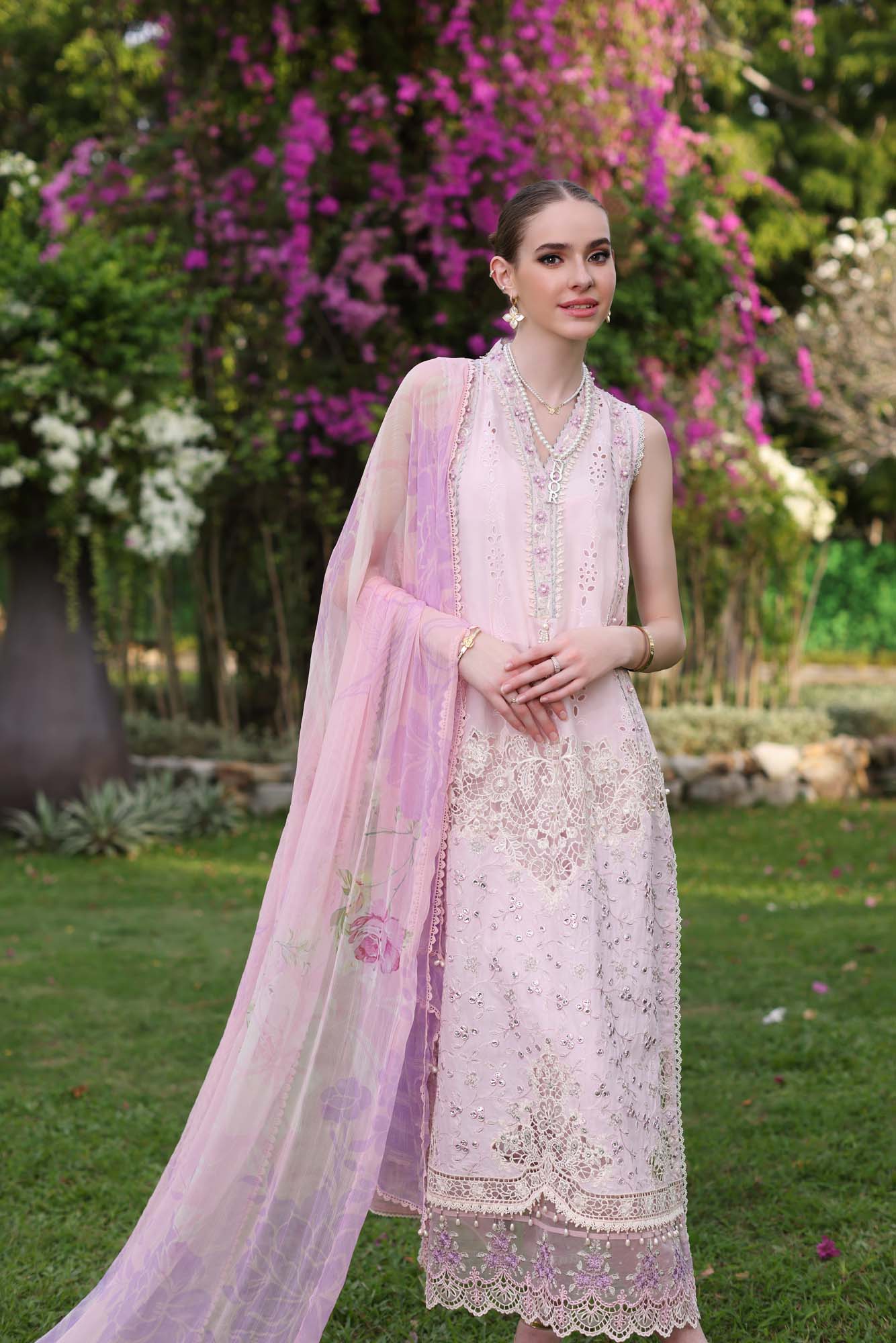D11-A Pink Schifli | Saadia Asad | Noor Luxury Chikankari Lawn 2024