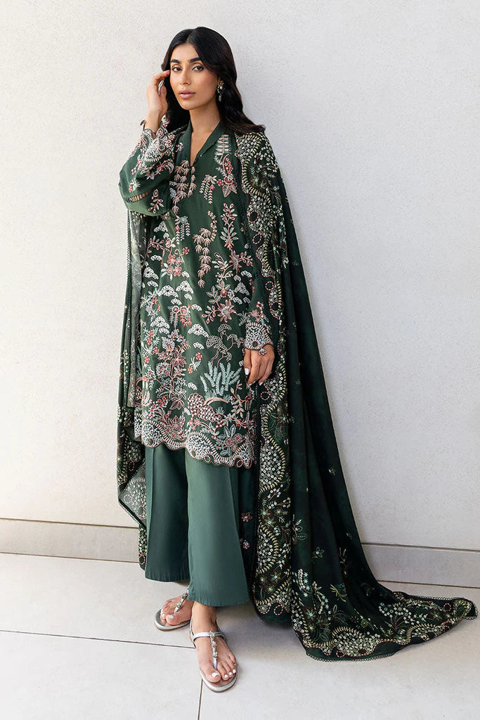 Cross Stitch Cotton Satin | Design Green Ornate | Unstitched Collection 2025