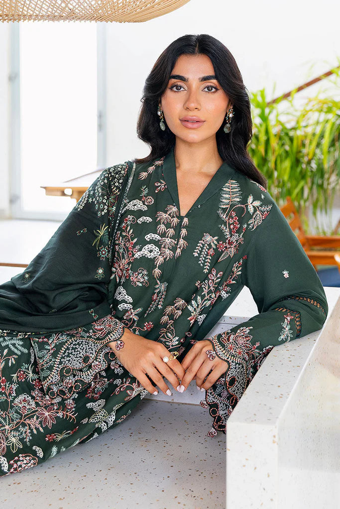 Cross Stitch Cotton Satin | Design Green Ornate | Unstitched Collection 2025