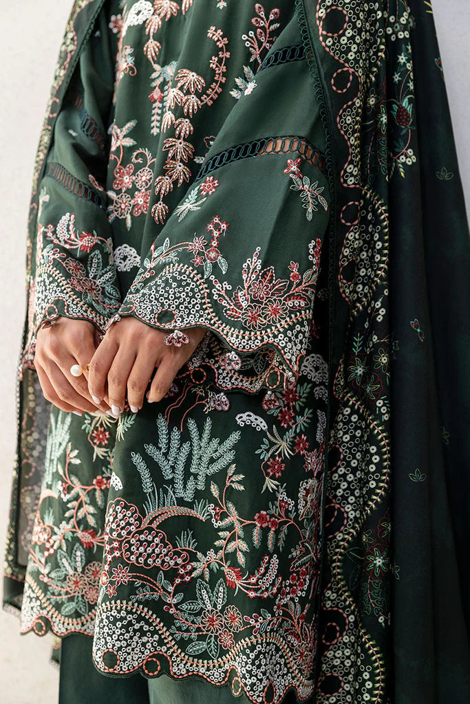 Cross Stitch Cotton Satin | Design Green Ornate | Unstitched Collection 2025