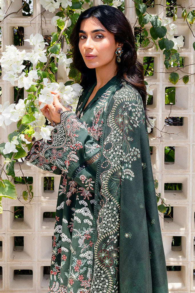 Cross Stitch Cotton Satin | Design Green Ornate | Unstitched Collection 2025