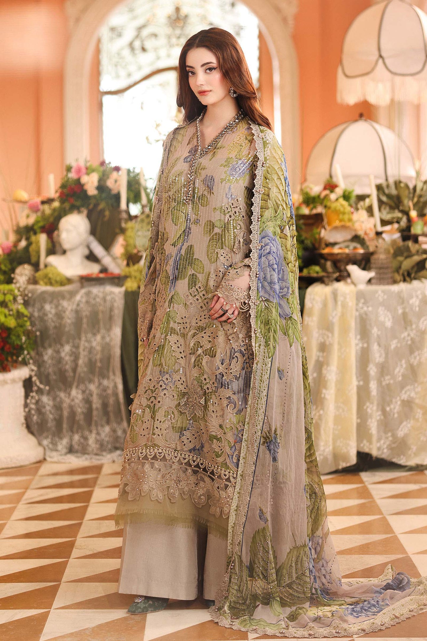 MPC-26-203-Warm Beige | Maria B Embroidered Chiffon Collection 2026
