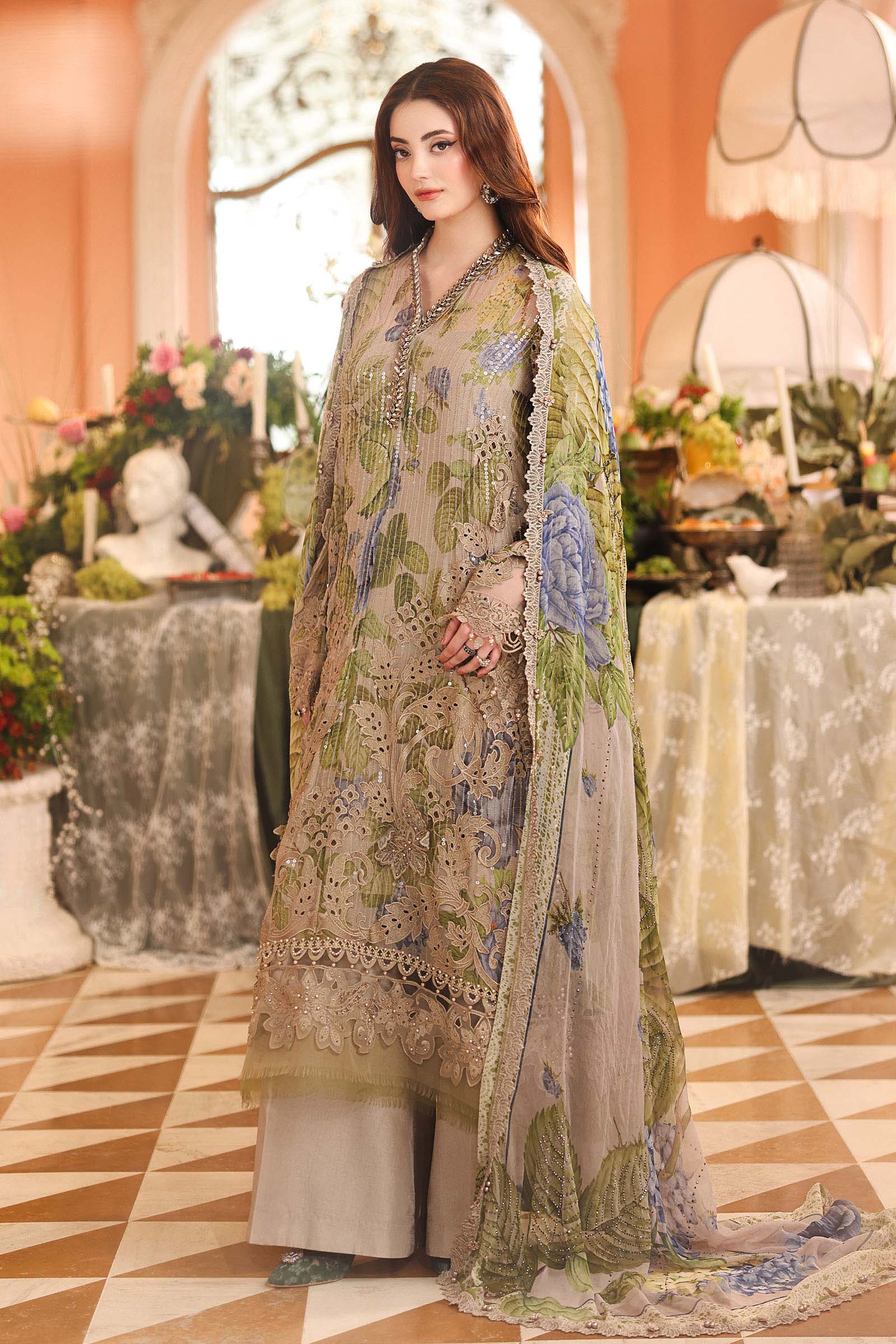 MPC-26-203-Warm Beige | Maria B Embroidered Chiffon Collection 2026