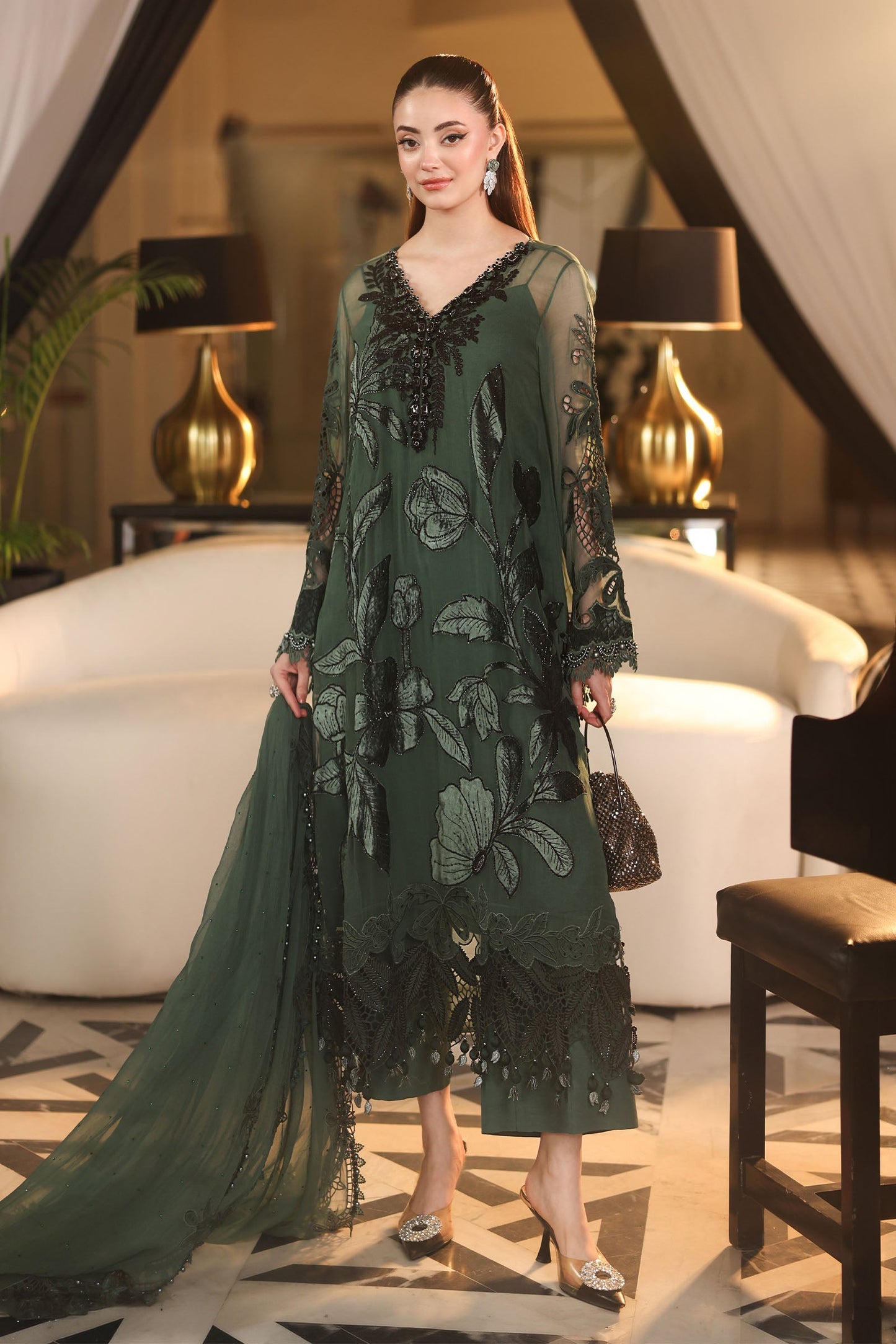 MPC-26-207-Pine Green | Maria B Embroidered Chiffon Collection 2026