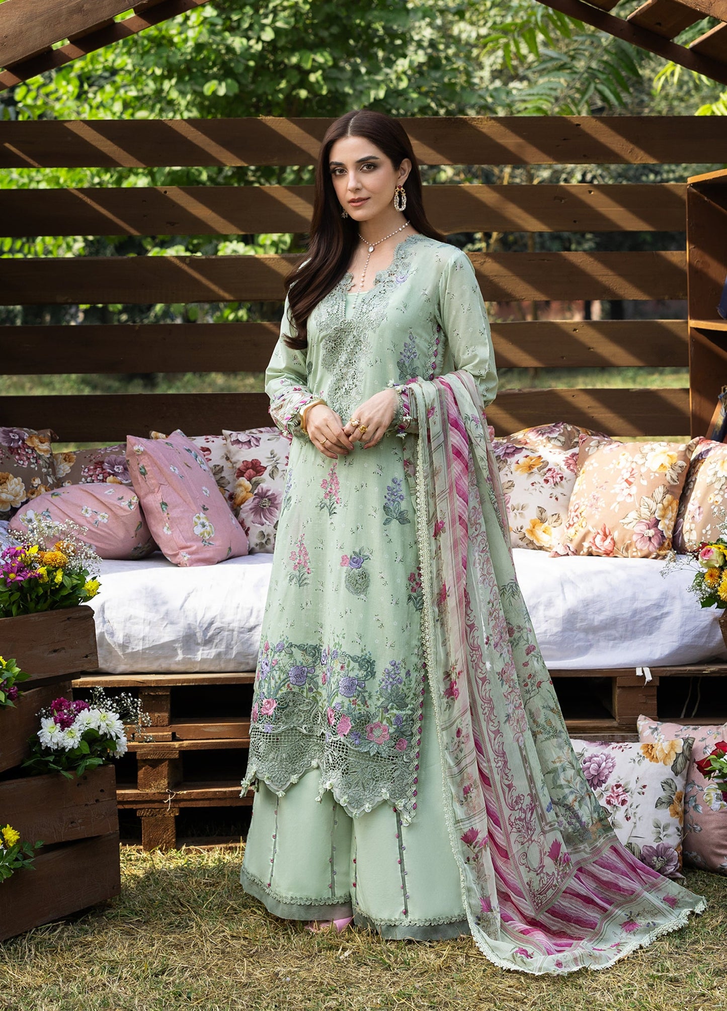 ERC-7B NAHL |  Elaf Premium | Chikankari Prints With Chiffon Dupatta Unstitched Collection 2026