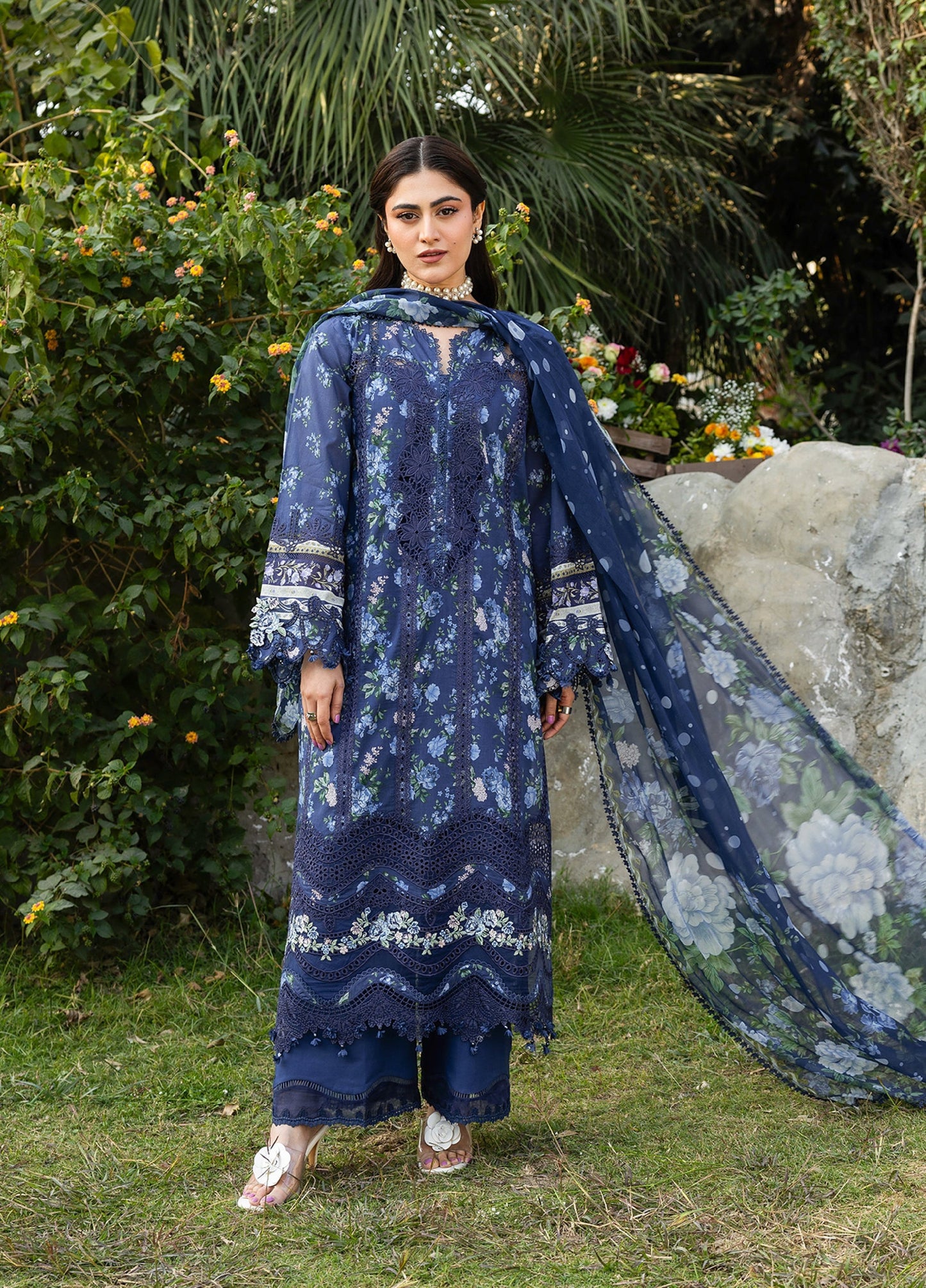 ERC-3B NEEL |  Elaf Premium | Chikankari Prints With Chiffon Dupatta Unstitched Collection 2026
