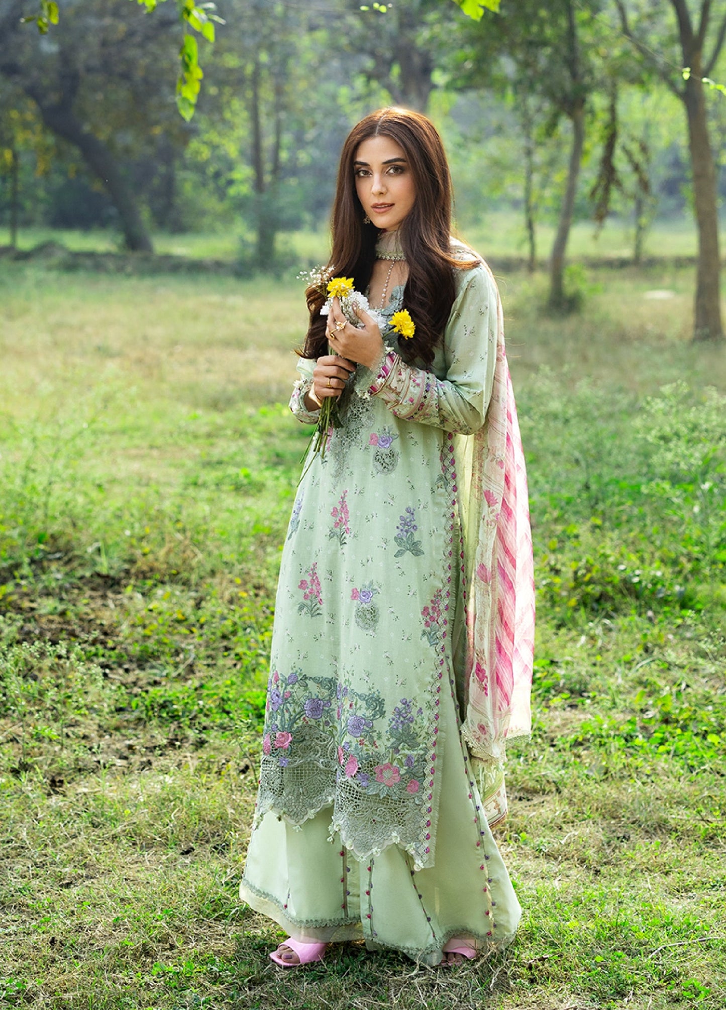 ERC-7B NAHL |  Elaf Premium | Chikankari Prints With Chiffon Dupatta Unstitched Collection 2026