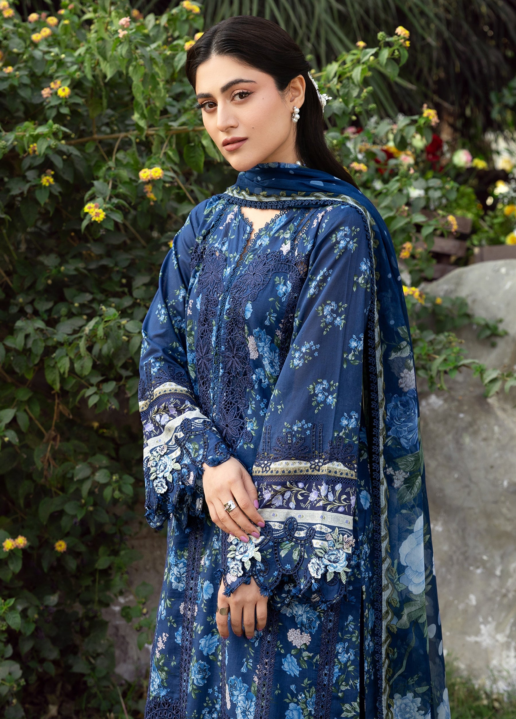 ERC-3B NEEL |  Elaf Premium | Chikankari Prints With Chiffon Dupatta Unstitched Collection 2026