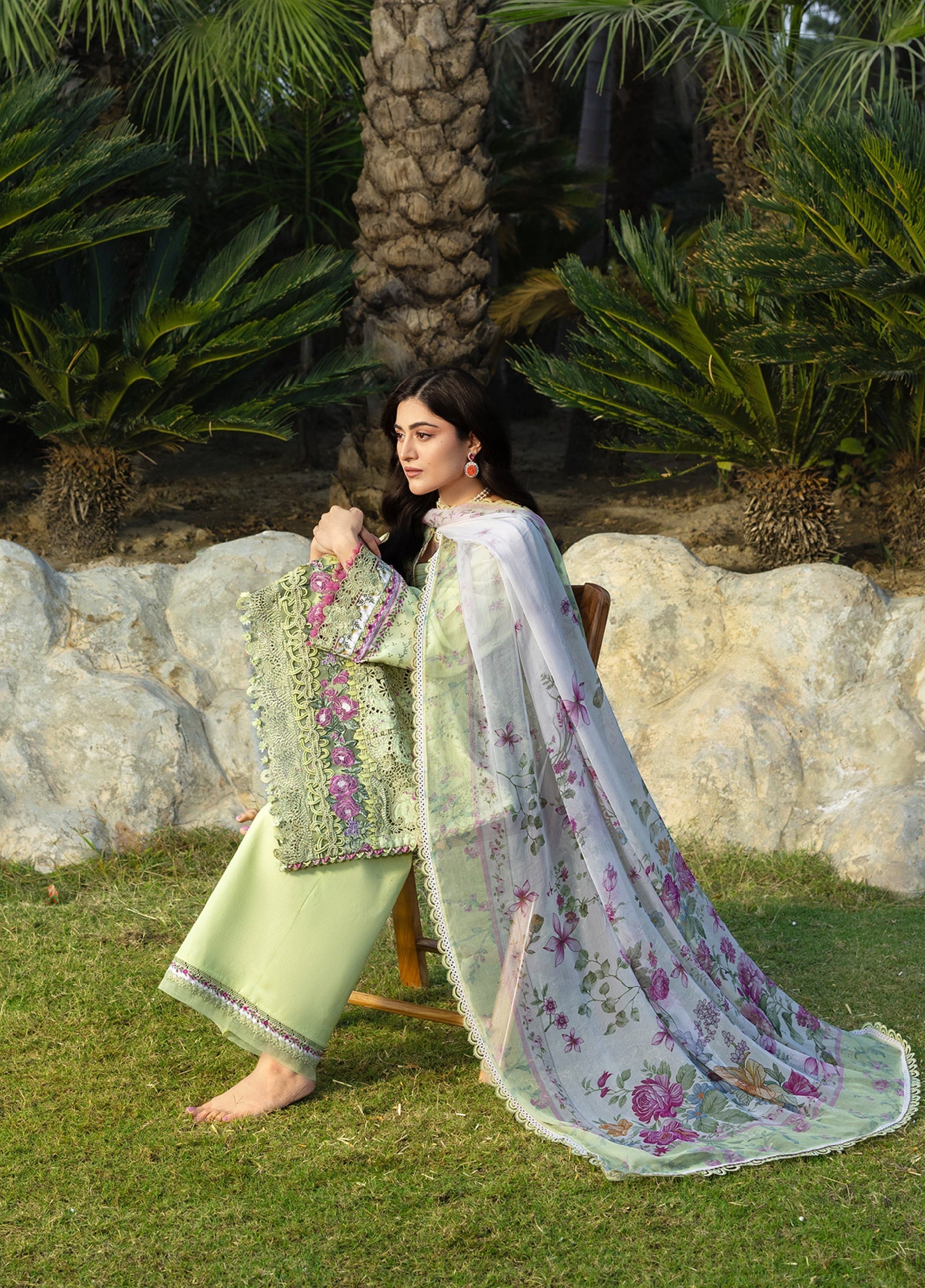 ERC-2A HINA |  Elaf Premium | Chikankari Prints With Chiffon Dupatta Unstitched Collection 2026