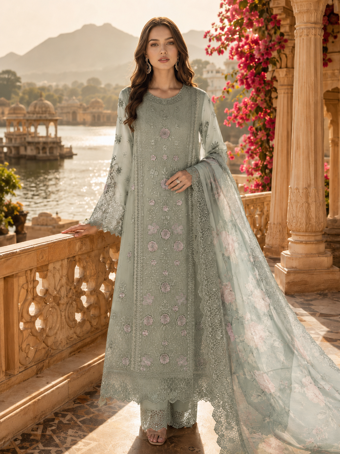 D1 - Pistachio Mist | Saadia Asad | Nooriyah Luxury Embroidered Chiffon Collection 2026
