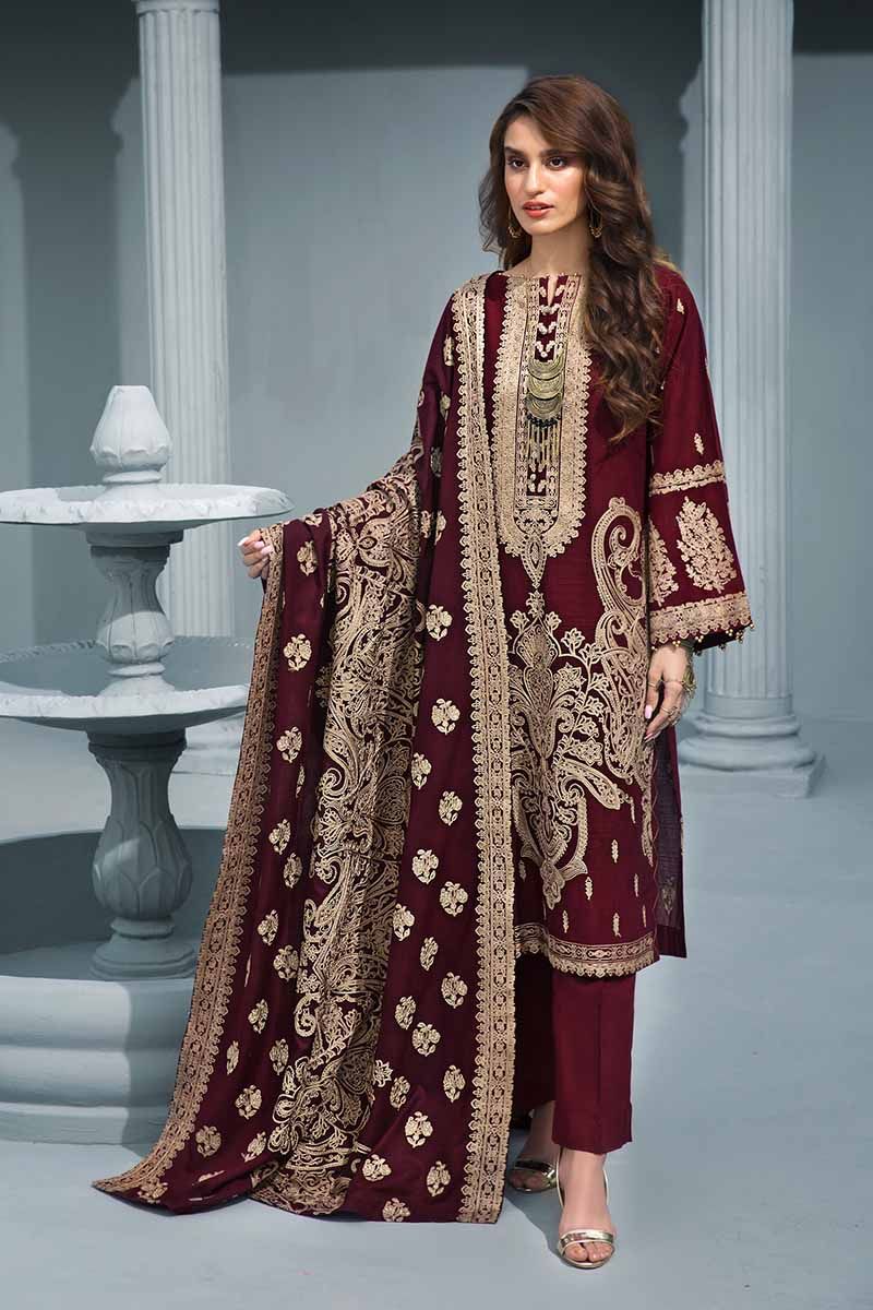 Maroon 3Pc AYE-01 [GulAhmed Poshak-e-Chinar Embroidered Shawl Collection]