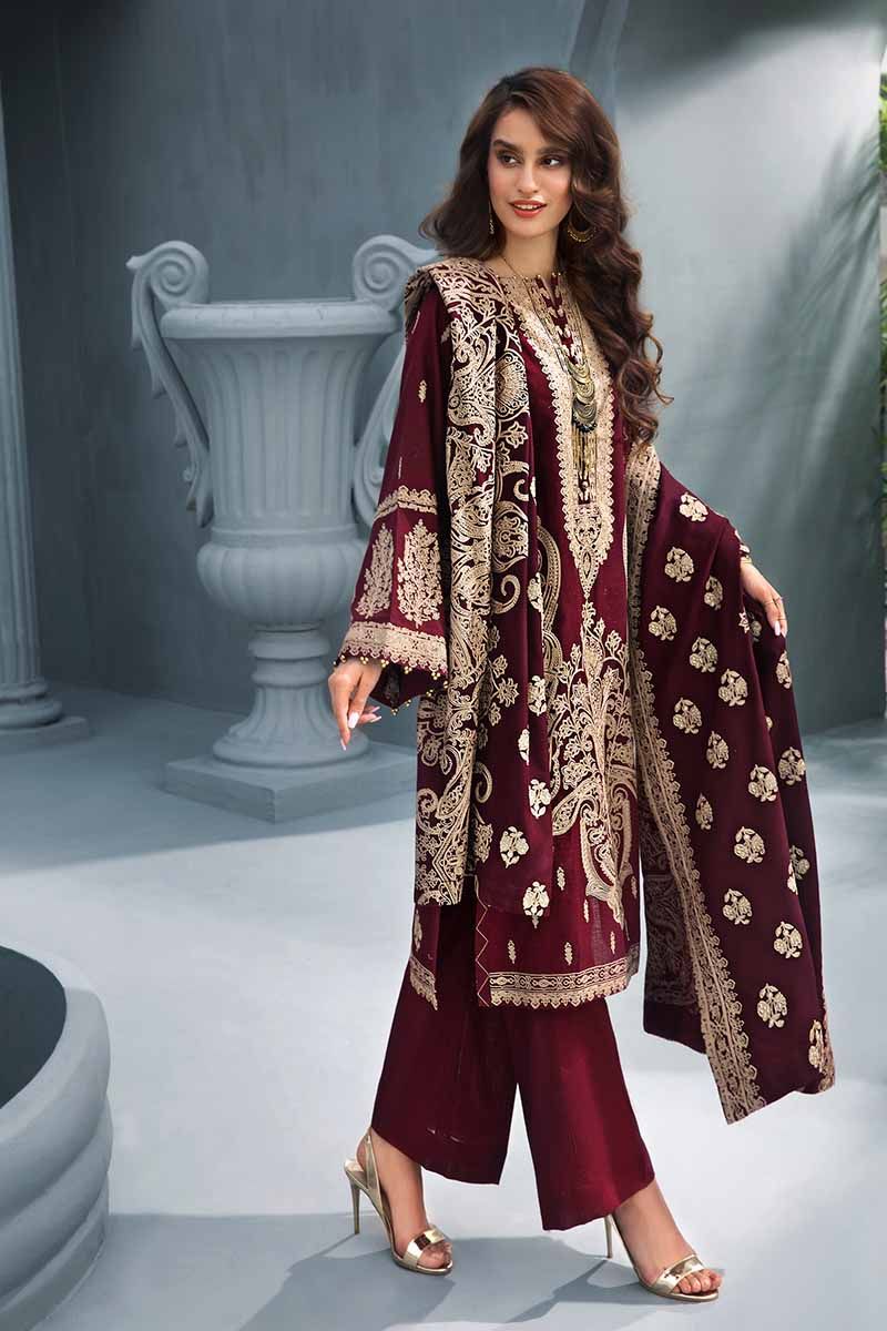 Maroon 3Pc AYE-01 [GulAhmed Poshak-e-Chinar Embroidered Shawl Collection]