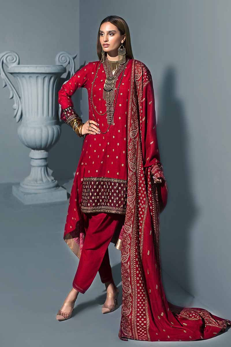 Red 3Pc APE-07 [GulAhmed Poshak-e-Chinar Embroidered Shawl Collection]
