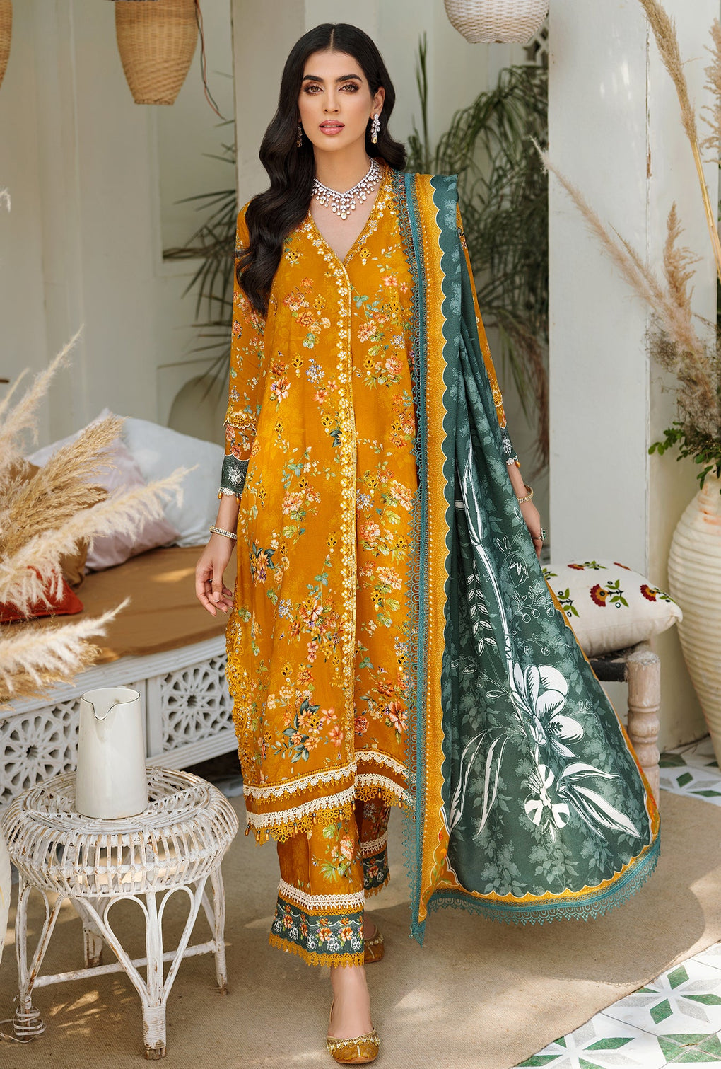 D1 - B - RUSTWOOD | Noor | Embroidered Prints Woolen Shawl Collection 2022