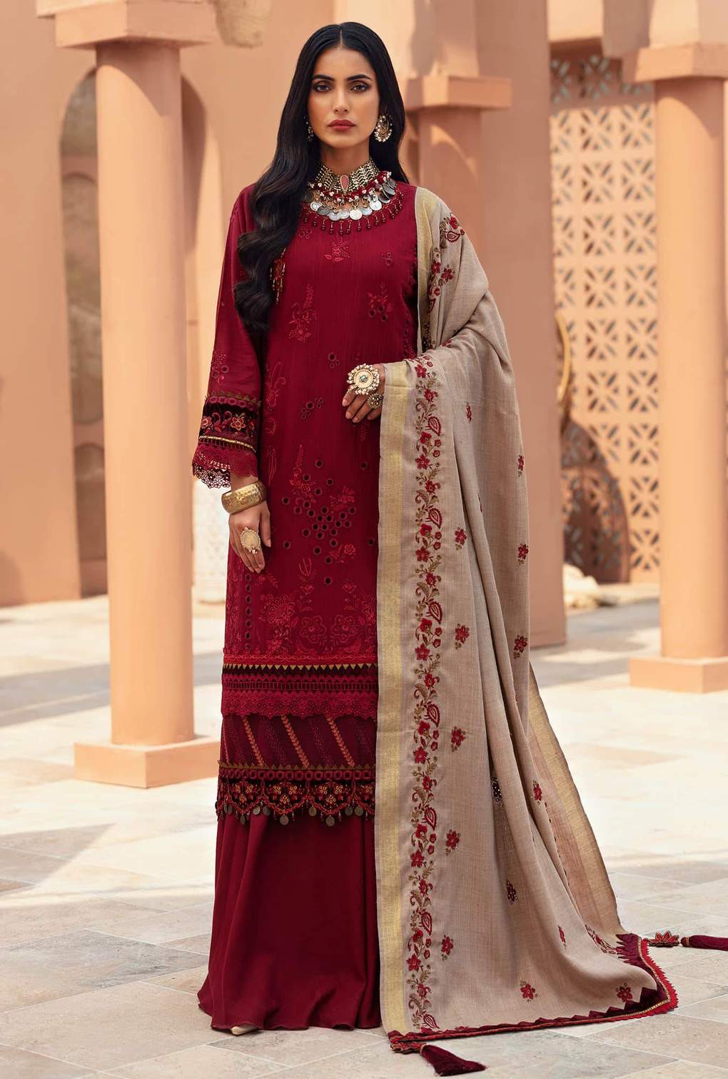 D10 - Merlot | Noor | Winter Embroidered Shawl Collection 2021