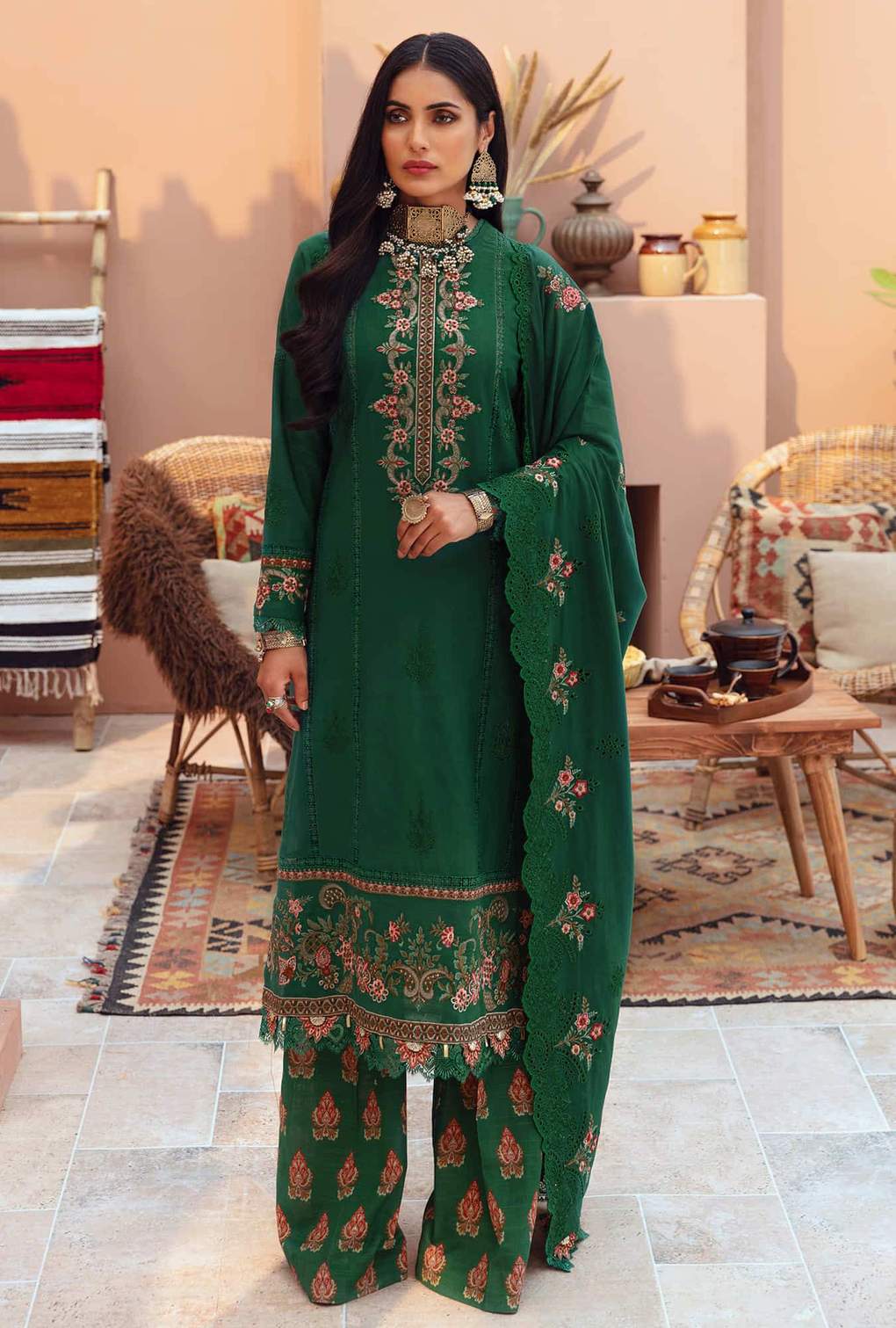 D3 - Basil  - Green | Noor | Winter Embroidered Shawl Collection 2021