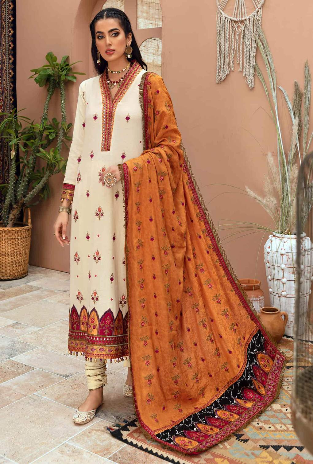 D6 - Ecru - Cream | Noor | Winter Embroidered Shawl Collection 2021