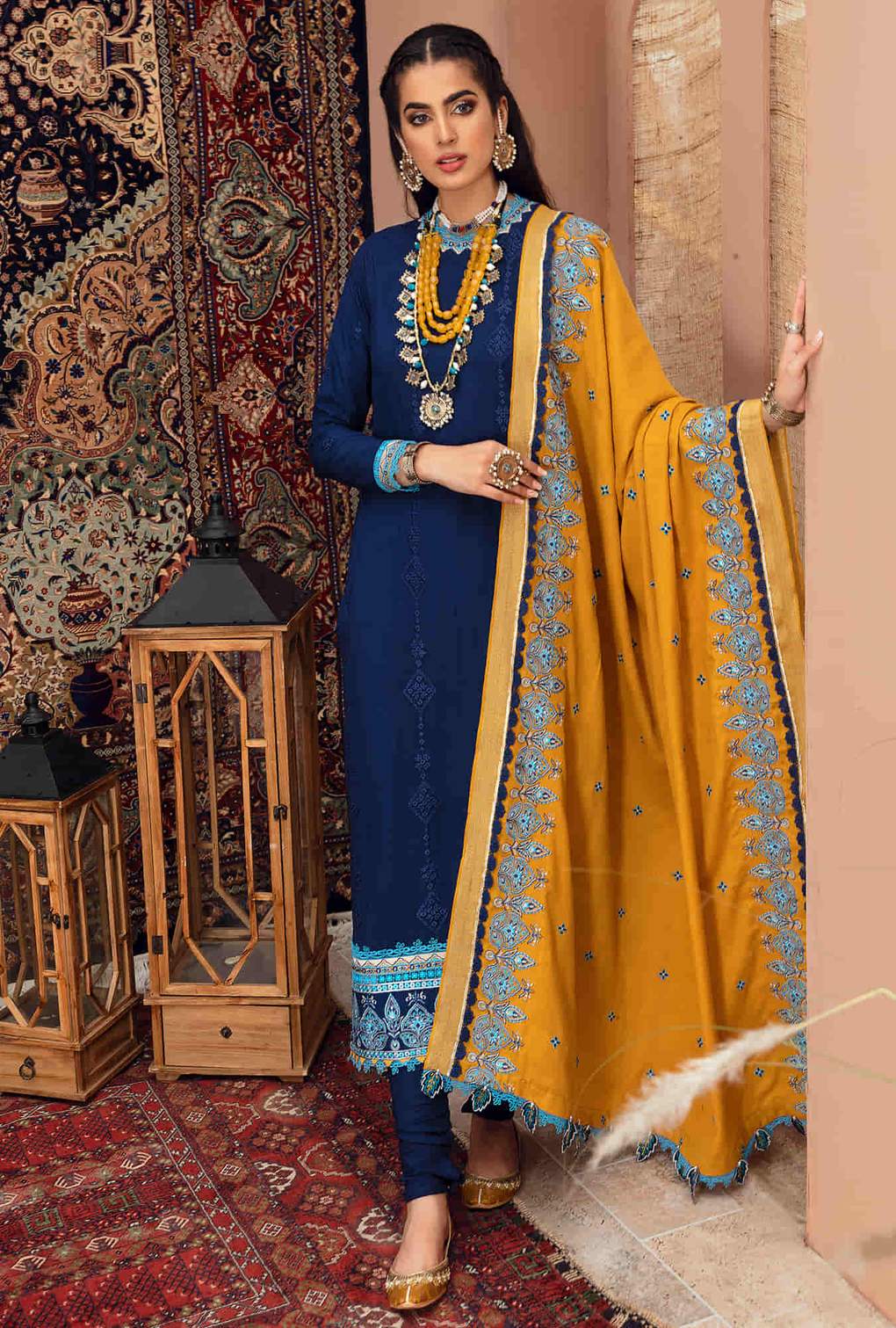 D7 - Berry  - Blue | Noor | Winter Embroidered Shawl Collection 2021